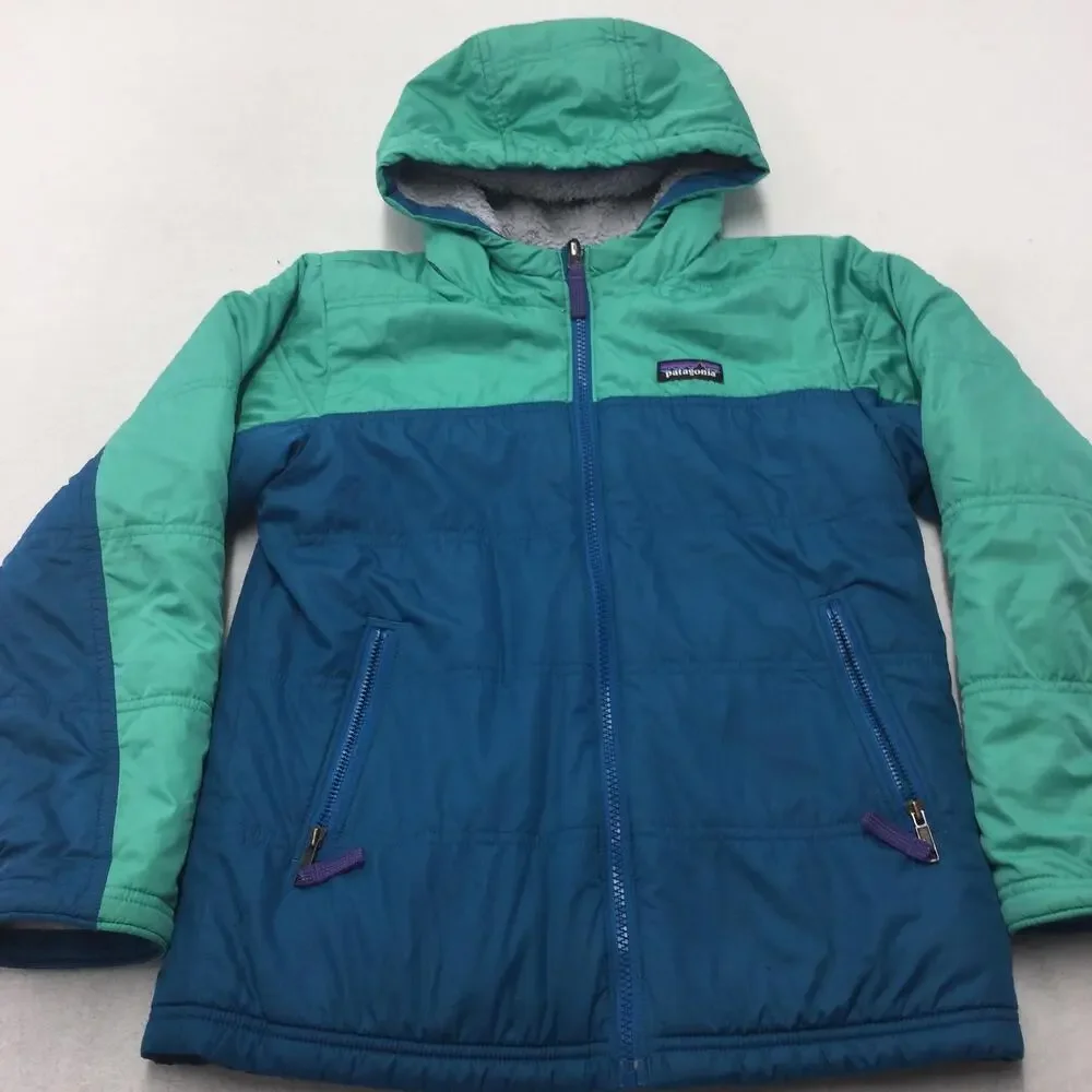 Patagonia Jacket Youth 10 Green Blue Hooded Fleece Lined Puffer Winter Insulated